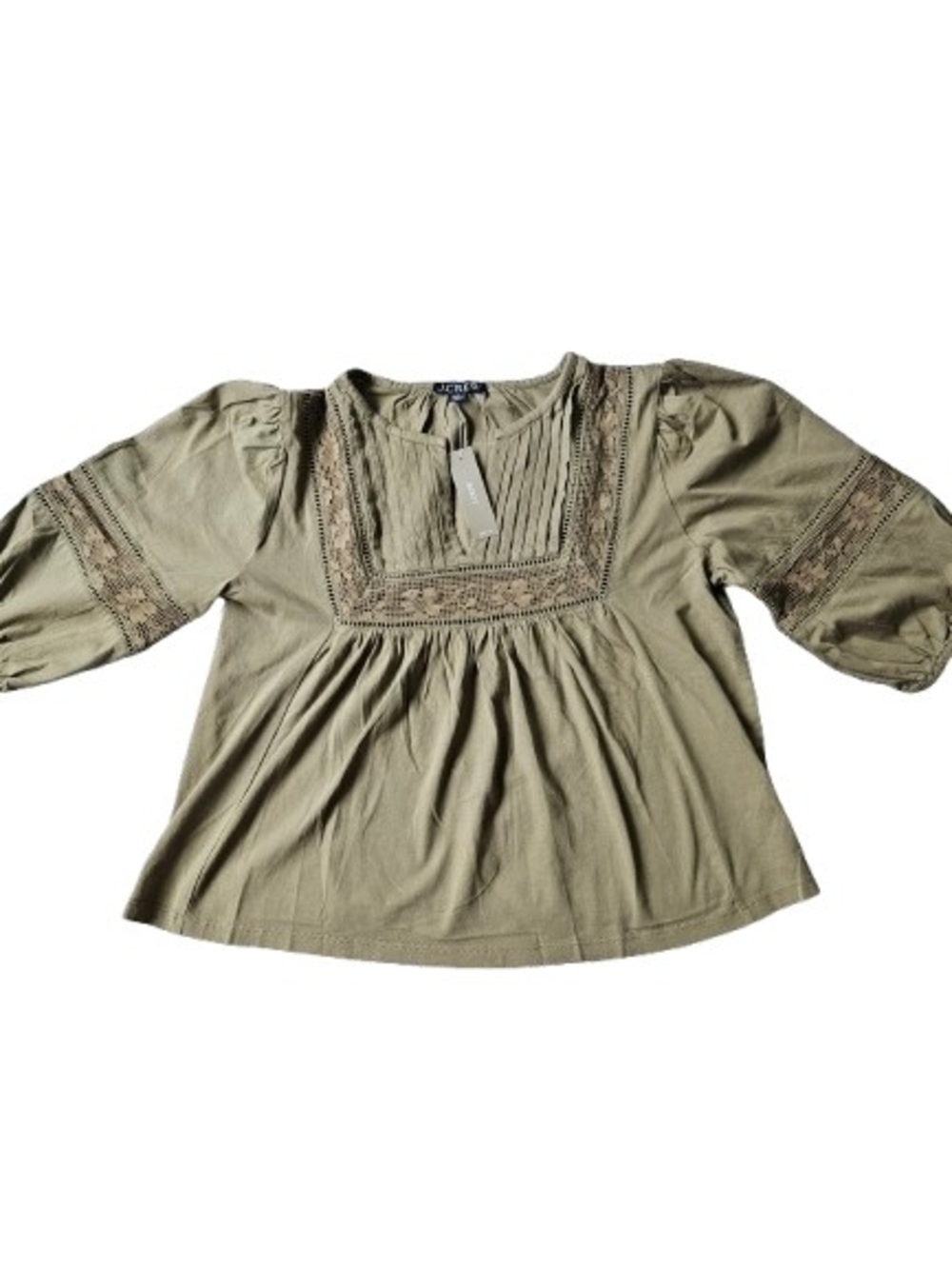 J.Crew Lace Trim Pintuck Puff Sleeves Peasant Blouse, Small, Green - Picture 2 of 9